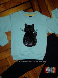 Батник, кофта, реглан с пайетками Котик для девочки, хлопок отл. качество.