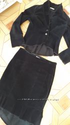 Женский костюм черный Promod вельвет, юбка и пиджак D40, I46, жакет, жокей