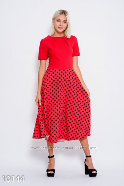 Красное комбинированное платье миди с расклешенной юбкой в горошек Код 101