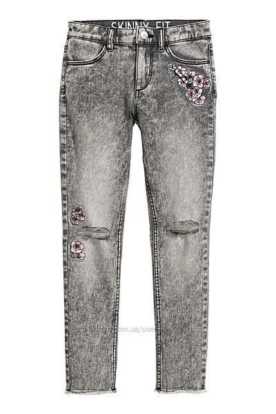 Брендовые серые джинсы скинни с вышивкой, бахромой на девочку р. 158, H&M