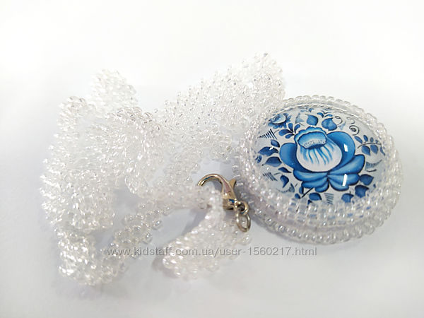 Хрустальный прозрачный кулон на цепочке гжель синий цветок орнамент