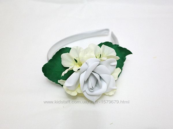 Белый ободок обруч на голову роза фоамиран гортензии цветы