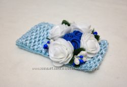 Повязка резинка ободок для малышки голубой цветы белые авторская