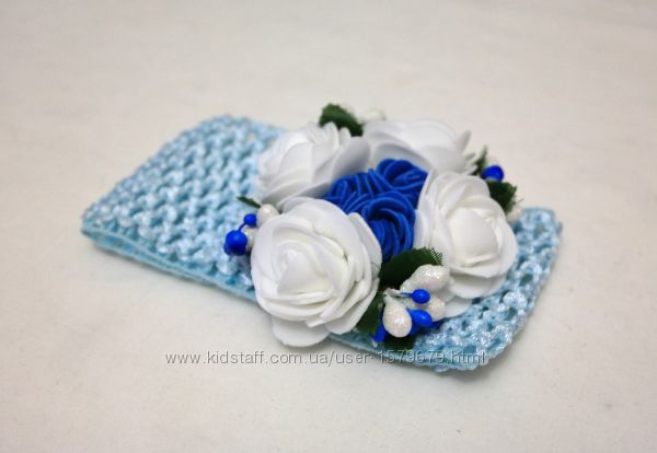 Повязка резинка ободок для малышки голубой цветы белые авторская