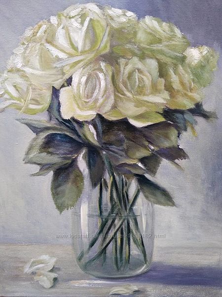 Картина маслом живопись цветы белые розы