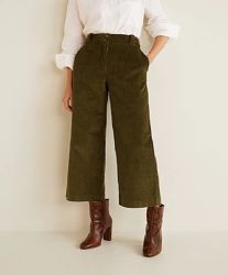 Стильные вельветовые брюки  с завышенной талией цвета хаки Mangо