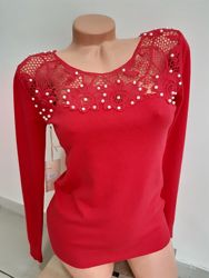 Кашемировый красный свитер с кружевом. Польша, Скидка