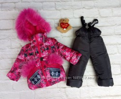 Зимняя куртка с меховой подстежкой и полукомбинезон для девочки 86-124см