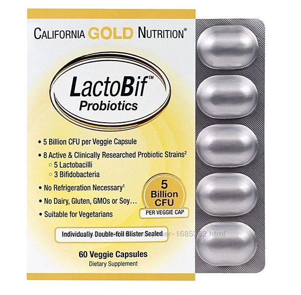 Акция California Gold Nutrition, Пробиотики LactoBif, 5 и 30 млрд КОЕ, 60шт